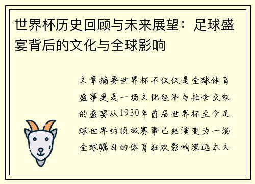 世界杯历史回顾与未来展望：足球盛宴背后的文化与全球影响